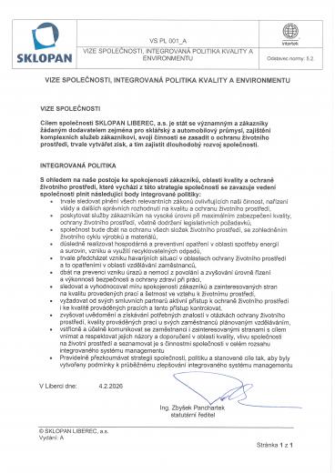 Vize společnosti, integrovaná politika kvality a environmentu